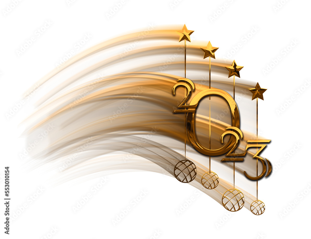 Happy New Year 2023. Gold metallic numbers hanging 2023 with shiny 3D metallic stars, balls, shooting star syrup transparent background