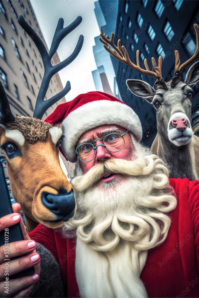 Illustration portrait of a smiling Santa Claus taking selfie with reindeer. A symbol of holidays and children's happiness, Christmas and New Year. Presents are ready. Generative AI.