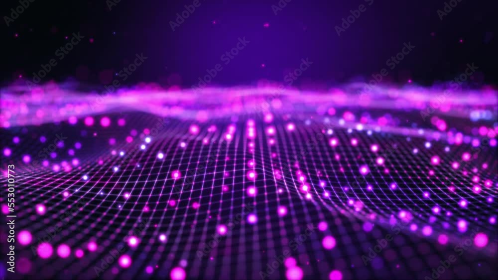 Futuristic flying over 3D purple blue digital landscape mountain terrain abstract technology background - moving dots and lines network connection structure in space background. 3D Rendering.
