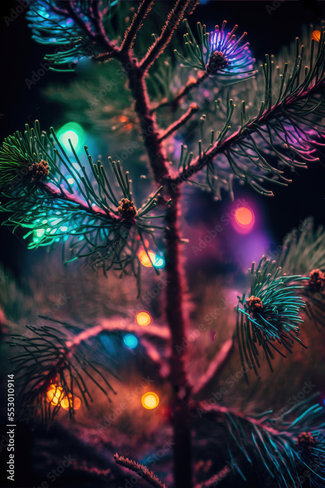 New Year's tree, a branch of a conifer tree, which is decorated with colorful lights. Blurred background. Christmas illustration, Generative AI.