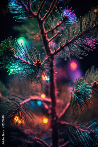 New Year's tree, a branch of a conifer tree, which is decorated with colorful lights. Blurred background. Christmas illustration, Generative AI.