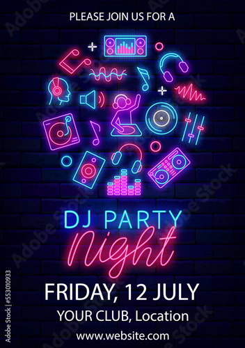DJ party night neon vertical poster. Glowing greeting card. Night club promotion. Vector stock illustration