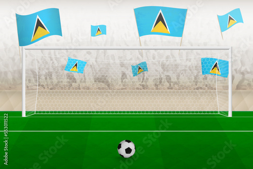 Saint Lucia football team fans with flags of Saint Lucia cheering on stadium, penalty kick concept in a soccer match.