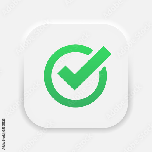 Check mark vector icon. Tick symbol. Positive checkmark for vote green gradient icon in neumorphism style. Vector EPS 10