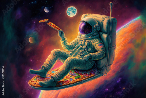 Buddhist astronaught meditating in space with psychodelic pizza - trippy weird illustration - generative ai