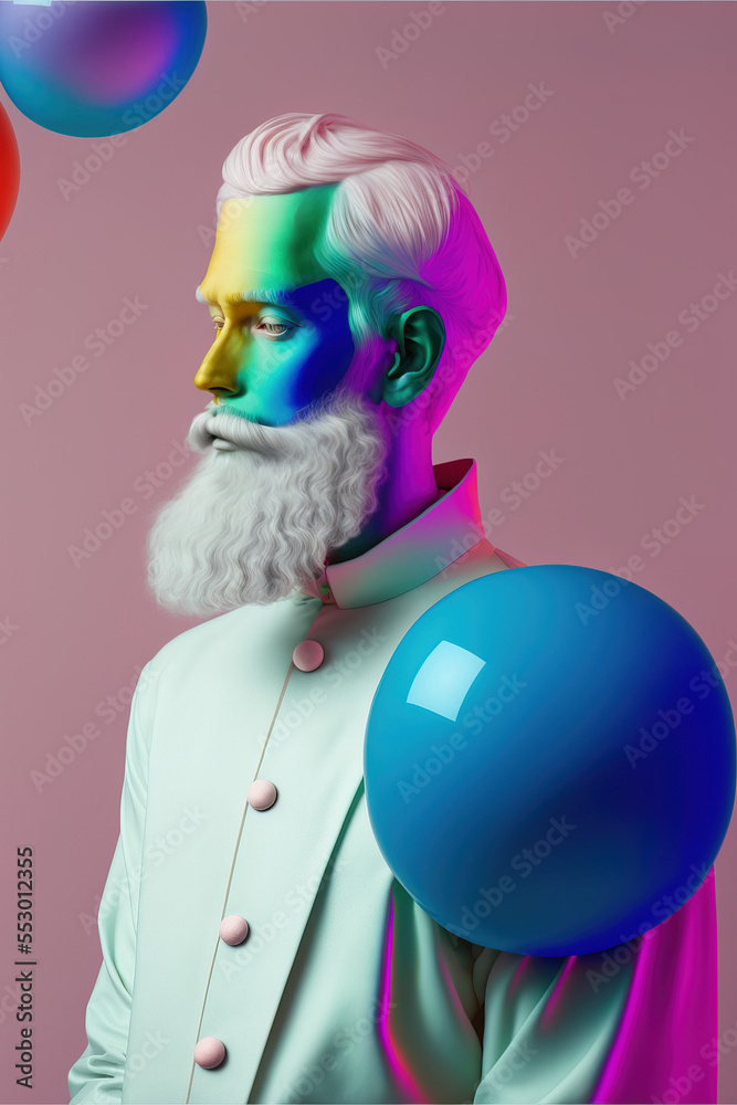 Naklejka premium Pop art style portrait of a modern man with a white beard in an elegant suit. Cyber ​​neon lights. Futuristic cyberpunk illustration, Generative AI.
