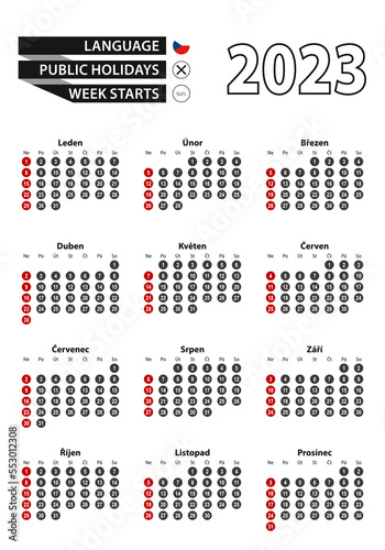 Czech calendar 2023 with numbers in circles  week starts on Sunday. 2023 with flag of Czech Republic