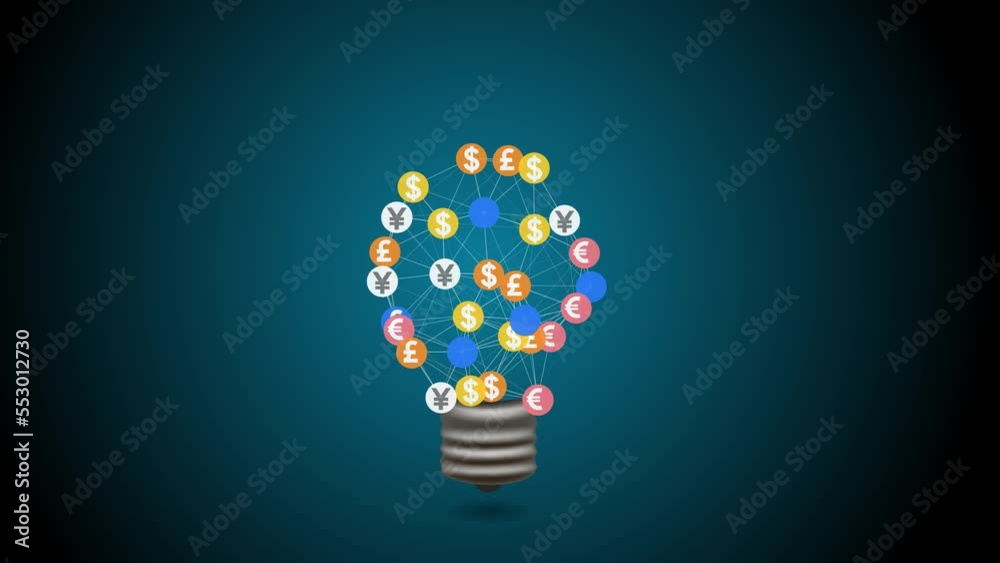Dollor sign on blue background,loop animation,shinny and glowing particles,economy and money concept background. Dollar euro pound icons connected by a network in the form of a light bulb