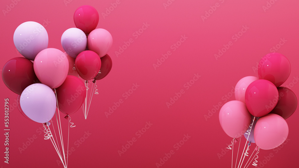 Set of colorful balloons with empty space for text. Realistic background for birthday, anniversary, wedding, holiday congratulation banners. Festive template with color pink pantone 2023. 3D rendering
