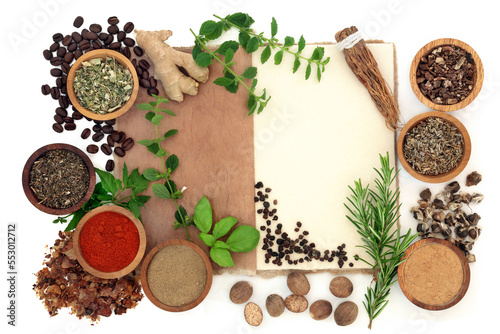 Fototapeta Naklejka Na Ścianę i Meble -  Preparation of nervine food ingredients with herbs, spices. Nerve tonic ingredients to stimulate nervous system and restore balance. Healthy natural health care. On white.
