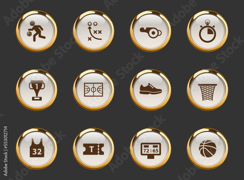 basketball gold-rimmed vector icons on dark background. basketball icons in gold frame for web, mobile and ui design