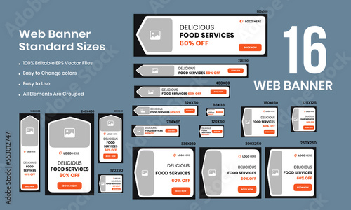 Set of delicious food web banners for social media posts and standard sizes. vertical, horizontal, and square templates. Vector illustration EPS 10