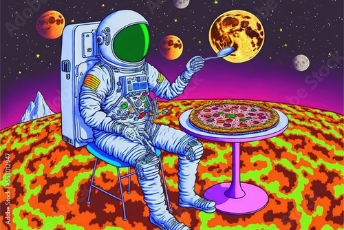 Buddhist astronaught meditating in space with psychodelic pizza - trippy weird illustration - generative ai photo