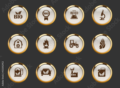 bio fuel gold-rimmed vector icons on dark background. bio fuel icons in gold frame for web, mobile and ui design