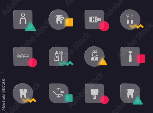dental glass morphism trendy style icons. dental transparent glass vector icons with color memphis figures. for web and ui design, mobile apps and promo business advertising