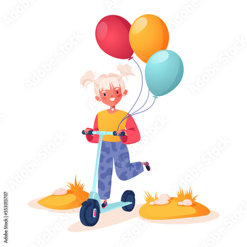 Little girl riding scooter, holding colorful balloons in her hand. Cheerful child vector character in cartoon style. Cheerful pastime, a walk in the street, nature, active lifestyle, happy childhood