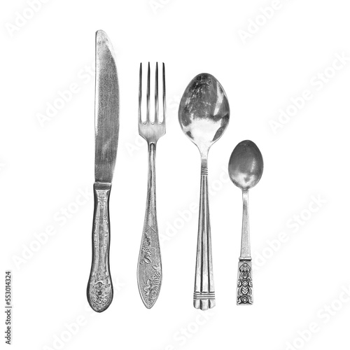 Set of vintage flatware kitchen utensils isolated