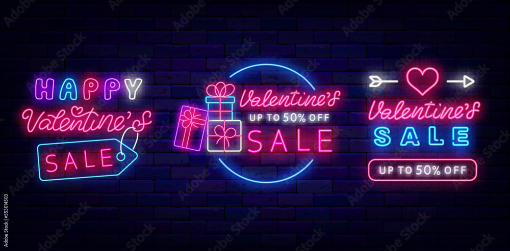 Obraz premium Happy Valentines Day Sale neon signs collection. Presents, heart with cupid arrow icons. Vector stock illustration