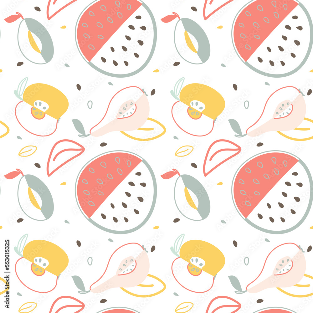 Seamless pattern of fruits: apple, pear, watermelon, plum. Vector stylized hand-drawn pattern on a transparent background. Layout for fabric, wrapping paper.