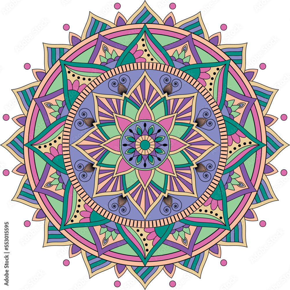Colorful floral mandala pattern with floral elements.