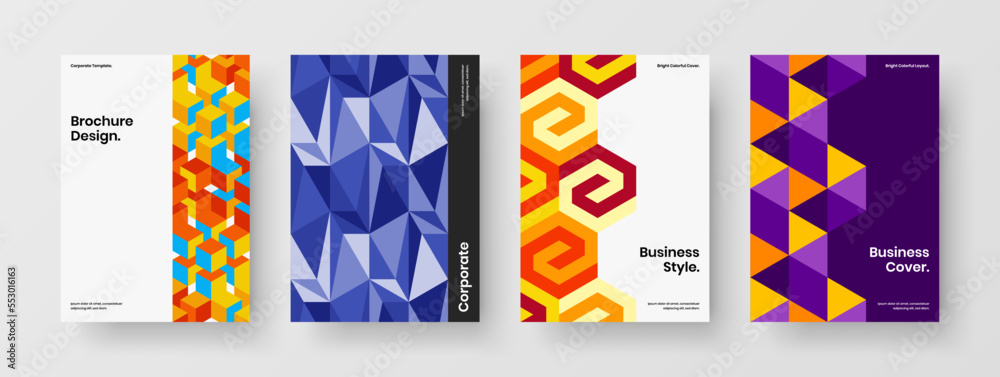 Colorful mosaic hexagons presentation template bundle. Modern magazine cover vector design layout set.