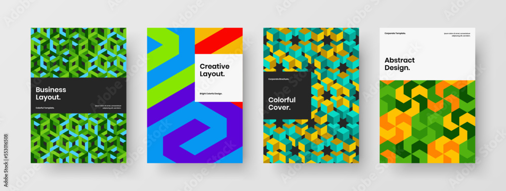 Multicolored geometric hexagons magazine cover template composition. Clean placard design vector illustration bundle.