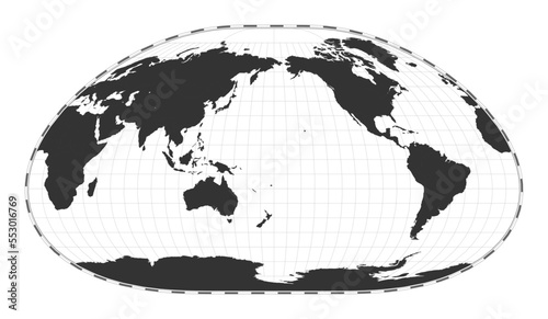 Vector world map in loximuthal projection. Geographical map with latitude and longitude lines, centered at 180 degrees longitude.