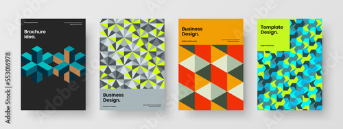 Clean geometric hexagons postcard illustration composition. Trendy corporate brochure A4 design vector template bundle.