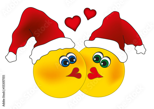 Zwei sich küssende Smileys mit Nikolausmützen