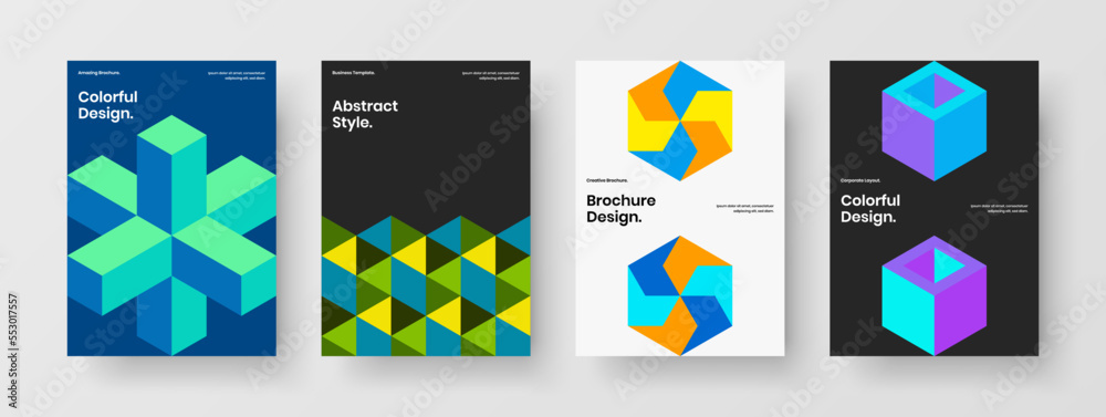Premium geometric tiles front page illustration collection. Amazing company cover A4 vector design layout set.