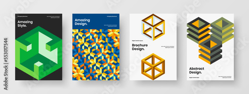 Minimalistic corporate identity vector design template set. Vivid geometric hexagons handbill illustration bundle.