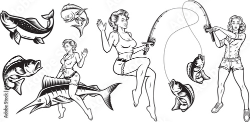 Set of black and white vector illustrations on the theme of fishing with a pin up girl, marlin, salmon, mahi mahi fish, perch. 