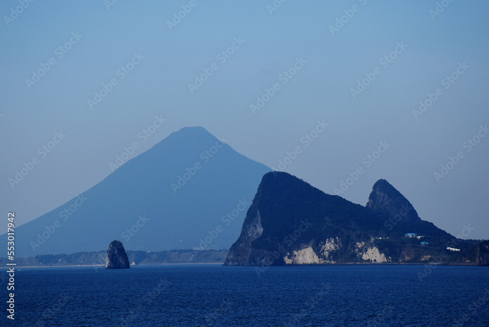 View of Kaimondake (Mount Kaimon) - japanese volcano in the south part of Kyushu Island, seen from the boat tour from Kagoshima to Yakushima