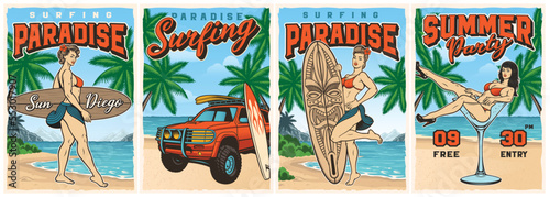 Set of vintage posters for a surfing theme with different pin up girls on the beach