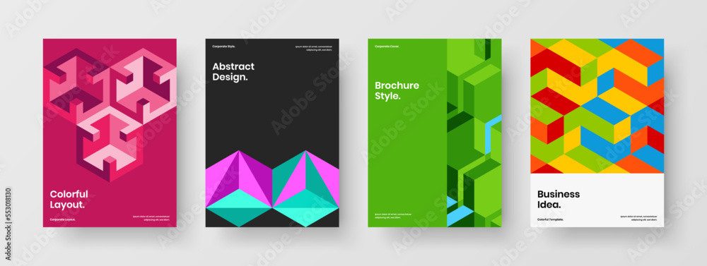 Bright geometric shapes magazine cover template set. Isolated pamphlet A4 design vector illustration collection.