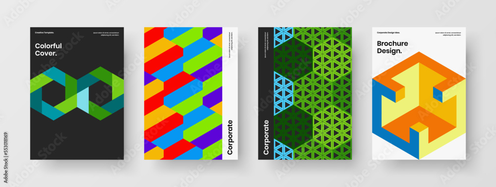 Amazing mosaic hexagons pamphlet layout set. Original cover A4 vector design concept composition.