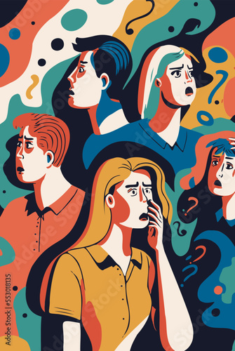 Unhappy team of people confused, lost, and frustrated. Question marks, abstract background, confused employees or workers with questions.