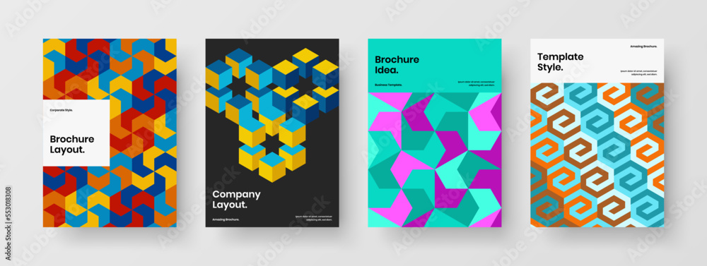 Bright geometric hexagons flyer template collection. Simple poster vector design layout set.