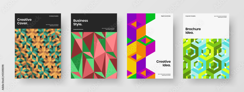 Amazing front page design vector template composition. Simple mosaic hexagons corporate cover illustration set.