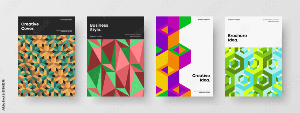 Naklejka premium Amazing front page design vector template composition. Simple mosaic hexagons corporate cover illustration set.