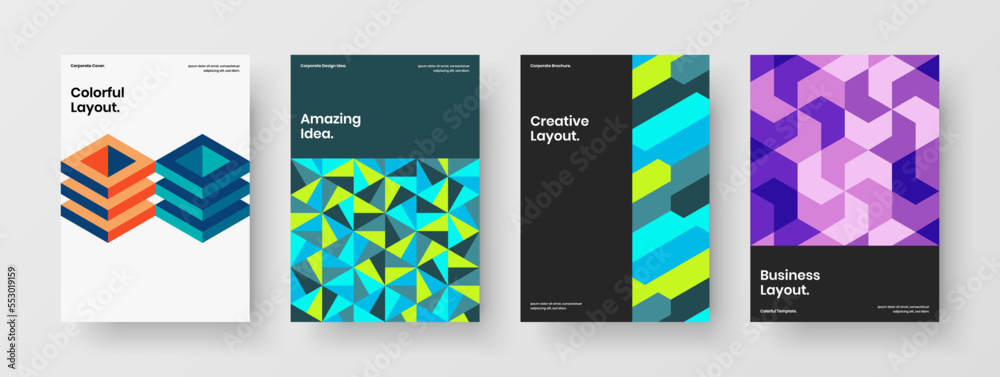 Vivid mosaic pattern poster layout bundle. Bright cover design vector concept composition.