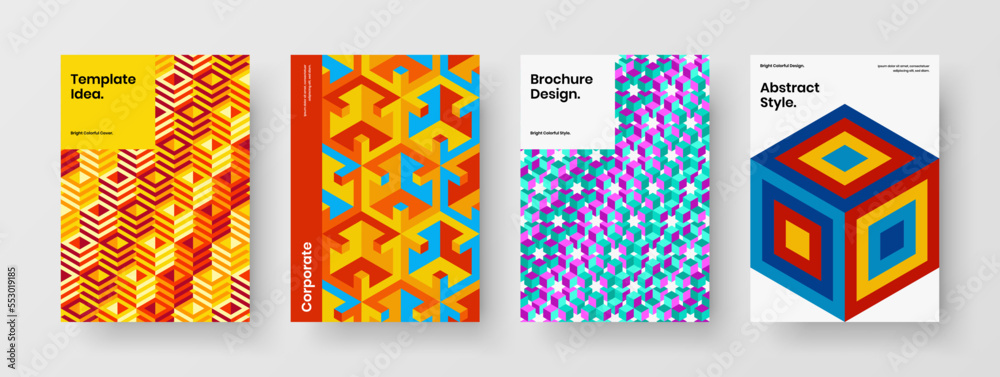 Bright journal cover design vector template bundle. Fresh mosaic shapes placard layout set.