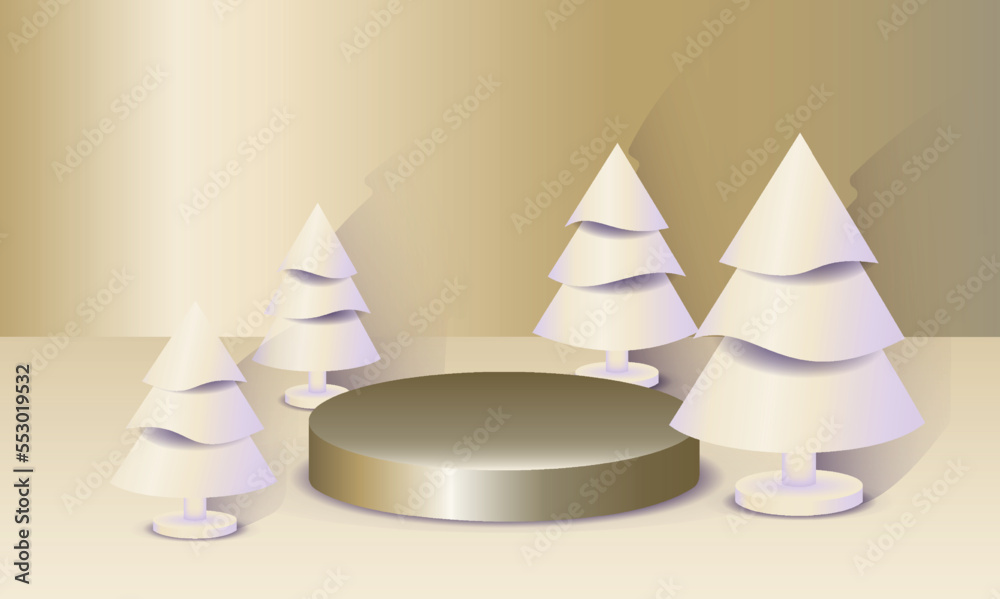 Abstract minimal mock up scene. Geometry podium shape for show cosmetic product display and goods. Stage pedestal, platform. Winter christmas gold background with white christmas trees. 3D vector Abstract minimal mock up scene. Geometry podium shape for show cosmetic product display and goods. Stage pedestal, platform. Winter christmas gold background with white christmas trees. 3D vector