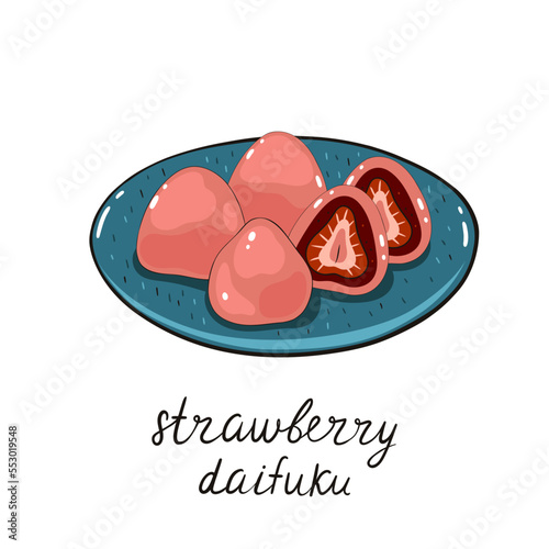 Strawberry daifuku in a plate isolated on white background. Vector graphics.