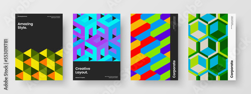 Modern geometric tiles placard layout collection. Clean pamphlet vector design template composition.