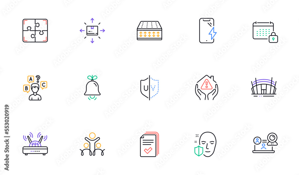 Quiz test, Smartphone charging and Wifi line icons for website, printing. Collection of Arena stadium, Uv protection, Face protection icons. Flexible mattress, Inclusion, Calendar web elements. Vector Quiz test, Smartphone charging and Wifi line icons for website, printing. Collection of Arena stadium, Uv protection, Face protection icons. Flexible mattress, Inclusion, Calendar web elements. Vector