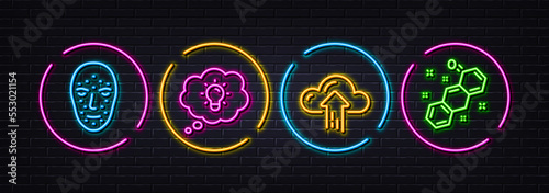 Face biometrics, Energy and Cloud upload minimal line icons. Neon laser 3d lights. Chemical formula icons. For web, application, printing. Facial recognition, Lightbulb, File storage. Vector