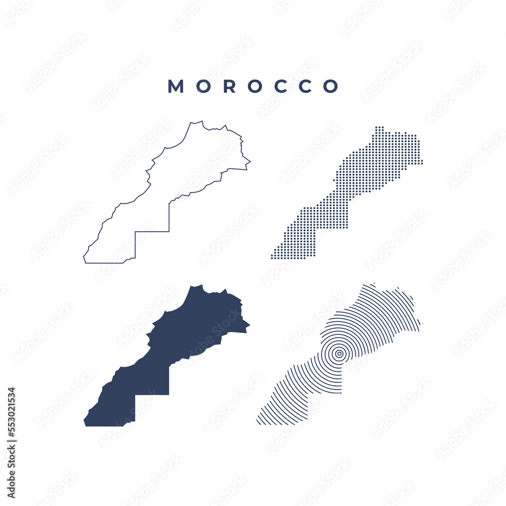 Map of morocco country icon drawing in different shape. Moroccan maps detailed line, dots, circular outline, silhouette, isolated background vector illustration