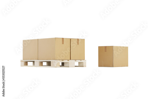 Pallet with stack of carton boxes on isolated background 3d render