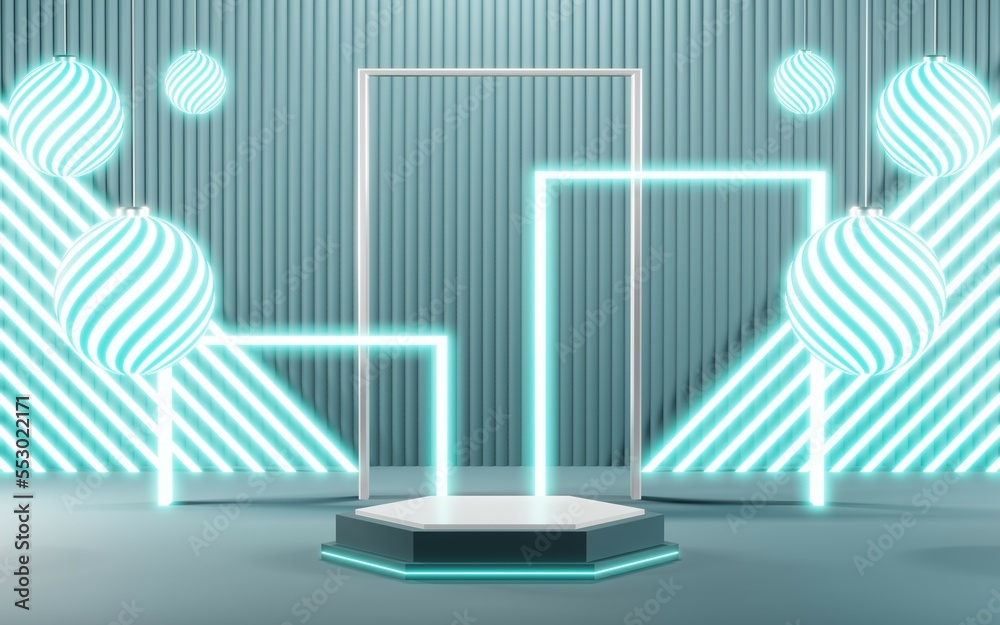 3D render of Podium background in blue tones for displaying cream products. cosmetics